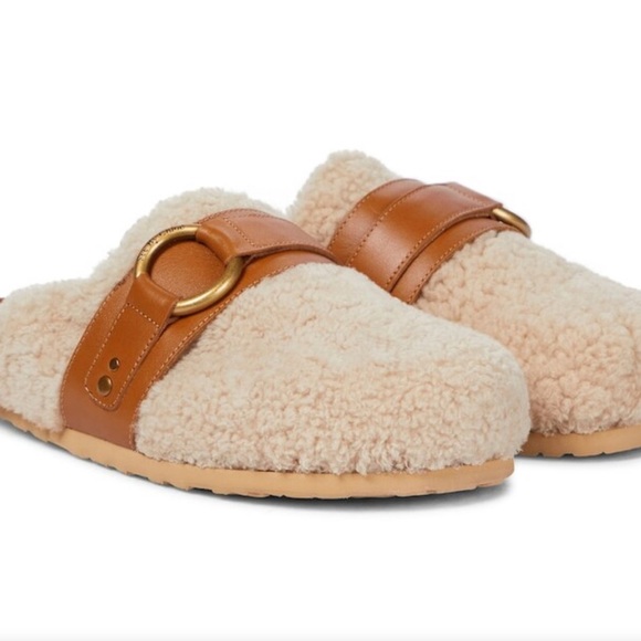 See By Chloe Gema Shearling Mules with Tan Leather Strap - Picture 1 of 5